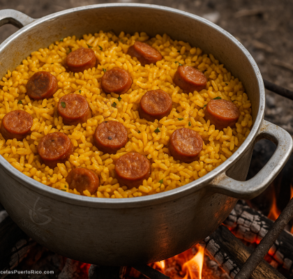 Arroz amarillo puertorriqueño de grano fino con trozos de longaniza dorada, cocido en caldero de aluminio sobre fuego de leña tradicional
