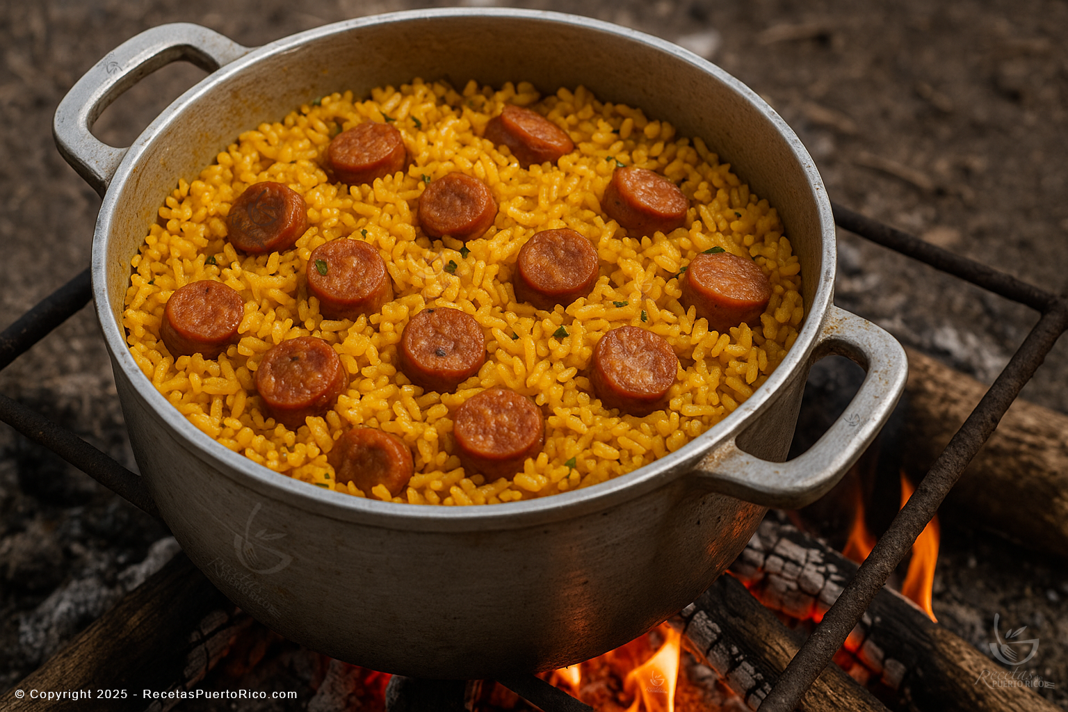 Arroz amarillo puertorriqueño de grano fino con trozos de longaniza dorada, cocido en caldero de aluminio sobre fuego de leña tradicional