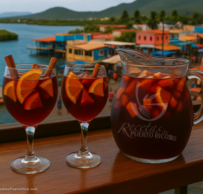 Dos copas de sangría y jarra de sangria tipica de Puerto Rico, servidas en una barra con vistas a La Parguera.
